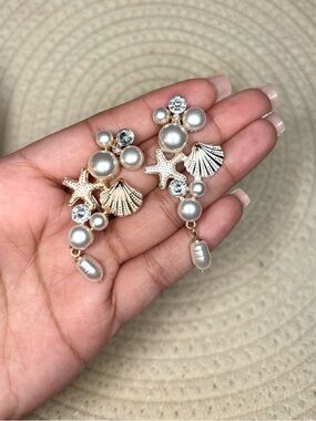 Elegant Faux Pearl, Shell & Starfish Gold-Tone Drop Earrings Boho Beach Summer